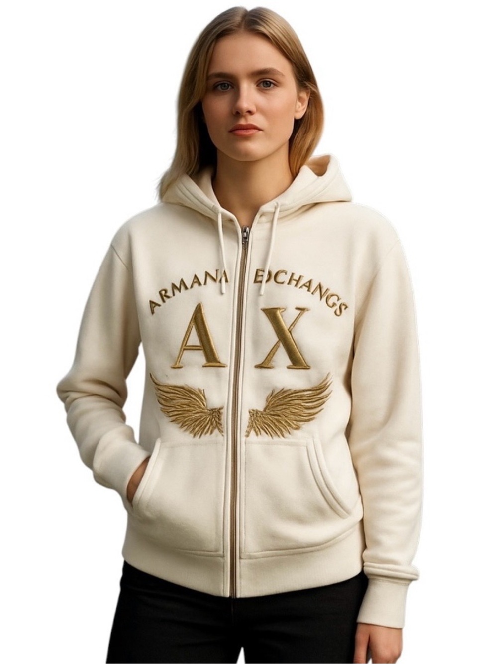 Armani Exchange Women's Cream Zip Hoodie with Gold Wing Embroidery Sz. M